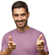 © Damir Khabirov - Portrait of young happy man isolated on gray background smiling while looking at camera pointing to viewer with fingers of both hands as if approving and feeling pleased