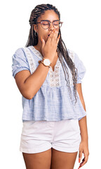 Poster - Young african american woman with braids wearing casual summer clothes and glasses bored yawning tired covering mouth with hand. restless and sleepiness.