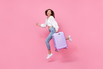 Wall Mural - full length photo of positive pretty lady dressed stylish clothes hurry up weekend abroad empty spac