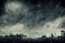 Bird's Eye View, Post Apocaliptyc City, Dark Sky With Spooky Birds, Lost Streets, Lost Buildings