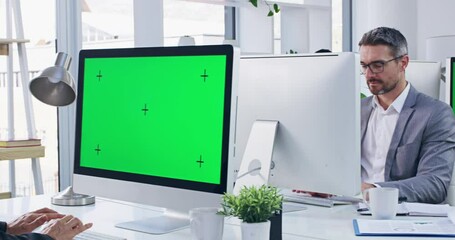 Aufkleber - Business, startup team and green screen computer, mockup and digital marketing job. Corporate woman, pc and mock up on screen, tracking markers and typing with focus, strategy and planning with group