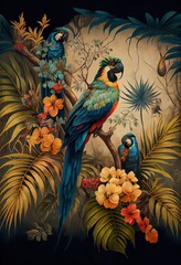 Wall Mural - wallpaper branches palm tree plants, a painting of a parrot, illustration with bird plant