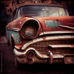 Wall Mural - vintage rusty texture car background, a rusted car with a painted face, illustration with automotive parking