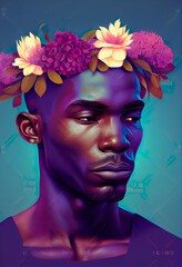Wall Mural - illustration of stylish african american, a person with flowers on the head, illustration with flower purple