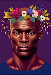 Wall Mural - illustration of stylish african american, a person with flowers on the head, illustration with forehead hairstyle