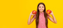 Happy Teen Girl With Red Apple Fruit. Vitamin And Dieting. Child Girl Portrait With Apple, Horizontal Poster. Banner Header With Copy Space.