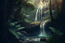 Photorealistic Illustrated Landscape. Beautiful Waterfall, A Waterfall In A Forest, Illustration With Water Plant