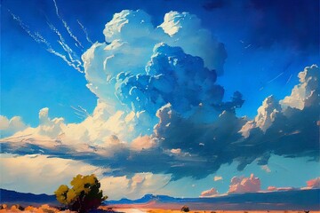 Wall Mural - oil painting. blue sky wi, map, illustration with cloud sky