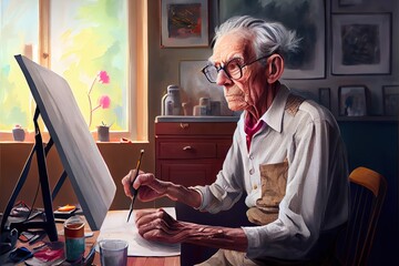 Wall Mural - ocerhead view of an elderly, a person painting on a table, illustration with glasses picture