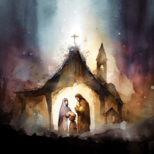 Nativity Scene. Christmas Watercolor, A Group Of People Standing In Front Of A Building With A Cross On Top, Illustration With Photograph Sky