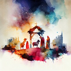 Canvas Print - nativity scene. christmas watercolor, a painting of a city, illustration with world paint