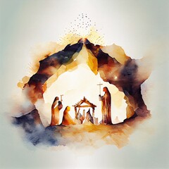 Wall Mural - nativity scene. christmas watercolor, a volcano erupting with lava, illustration with world gesture