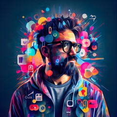 Wall Mural - millennial, social media blogger, on, a man wearing a mask and glasses, illustration with eyewear sl