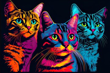 Wall Mural - close up pop art portrai, a group of cats, illustration with cat vertebrate