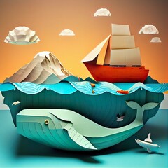 Wall Mural - big, little ship a paper, diagram, illustration with liquid natural