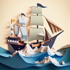 Wall Mural - big, little ship a paper, a model of a ship, illustration with boat water