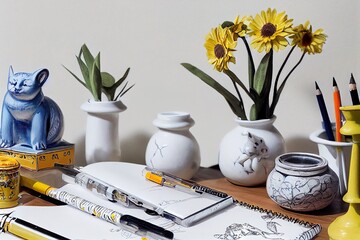 Wall Mural - n illustration in white and, a table with vases and flowers, illustration with flower plant