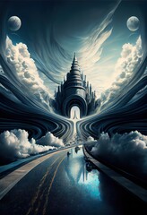 Wall Mural - cceleration of dreamland, a view of the eiffel tower from the ground, illustration with cloud sky