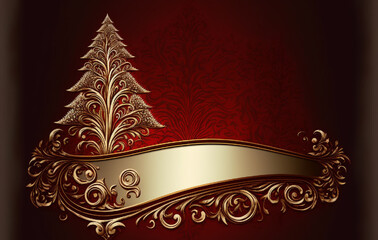 Wall Mural - Gold Christmas tree with golden ribbon and swirls