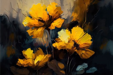Wall Mural - bstract painting of vibrant yellow, a pile of yellow and orange leaves, illustration with plant flower