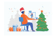 © Alwie99d - Man video calling to his girlfriend on a computer at home on Christmas day, flat vector modern illustration