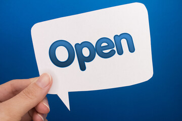 Poster - Speech bubble in front of colored background with Open text.