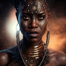 Beautiful Dark Skinned Woman Warrior Covered In Tribal Jewellery, Tribal Paint On Face, Serious, Glitter Splatter Background