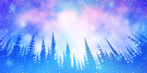 Wall Mural - aurora borealis and forest, northern lights, winter holiday illustration
