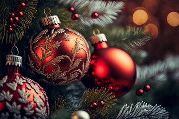 Red Ornaments with Leafy Patterns Hanging in Christmas Tree