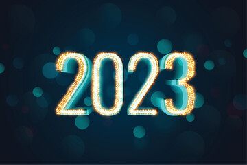 glowing neon 2023 text for new year banner with bokeh effect