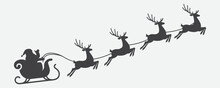 Illustration Of Santa Clause Riding His Sleigh Pulled By Reindeers. Vector Christmas Element