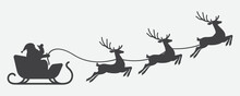 Illustration Of Santa Clause Riding His Sleigh Pulled By Reindeers. Vector Christmas Element