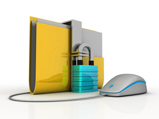 Poster -  3D rendering Yellow folder protection lock connected mouse . Data security concept
