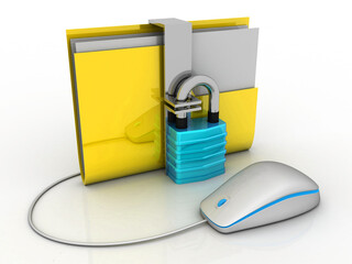 Poster -  3D rendering Yellow folder protection lock connected mouse . Data security concept
