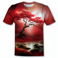 Wall Mural -  a t - shirt with a painting of a tree and a river in the background with red leaves on it Generative AI