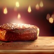  a piece of meat sitting on top of a wooden table next to a candle and some lights in the background Generative AI