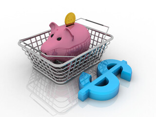 Poster - 3d rendering Pig bank in trolley with dollar