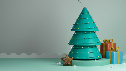 Canvas Print - 3D Render Of Xmas Tree Decorated By Lighting Garland Over Podium With Gift Boxes, Star Shape Gingerbread, Snowball Against Background And Copy Space.