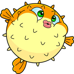 Cute Puffer Fish Cartoon Character. Hand Drawn Illustration Isolated On Transparent Background