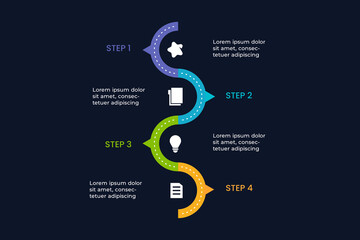 Infographic template with four elements options in vertical timeline for business success.