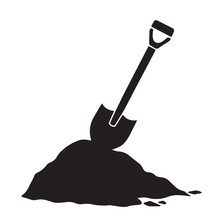 Shovel For Gardening Equipment Vector Illustration Drawing. Black Icon Silhouette With Simpe Flat Art Style Drawing. Shovel Tool Digging On Dirt Ground.