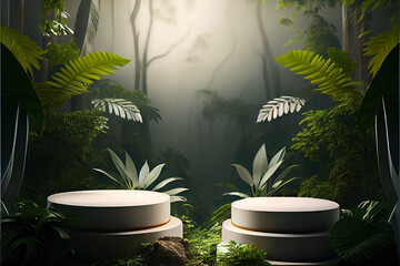 Wall Mural - two white round podium displays for product presentation, lush jungle forest in the background