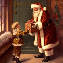Vintage Painting Of Santa Claus With Giving Christmas Gifts To A Child