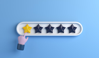 bad customer rating feedback, cartoon hand giving one star, 3d rendering illustration