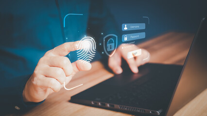 Poster - Man typing login user and password, Cyber security concept, Secure encryption and access to the user's private information to access the Internet.