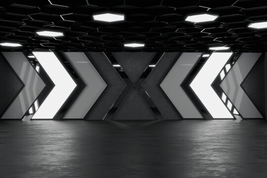 3d rendering of epic hall with neon direction elements and hexagonal ceiling