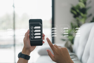 Poster - A businessman works with a smartphone. Check marks in the check boxes successful completion of business tasks. Digital marketing statistics. Business management is the goal of strategy.