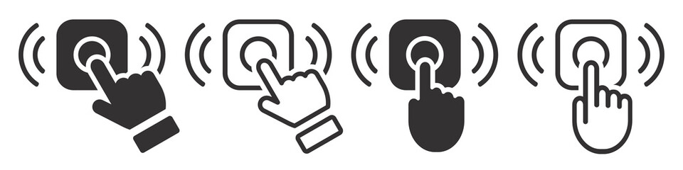 Set of doorbell icons. Pressing the doorbell hand. Ring the doorbell, delivery symbol, finger pressing doorbell. Vector illustration.