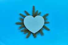 Blue Spruce Fir Tree Branch On Blue Wallpaper With Heart And Love