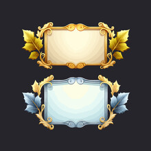 Empty Rectangle, Round Frames Border With Leaves And Gems In Medieval Style For Game Ui Design. Collection Of Fantasy Game Elements  Isolated On Background. Vector Illustration
